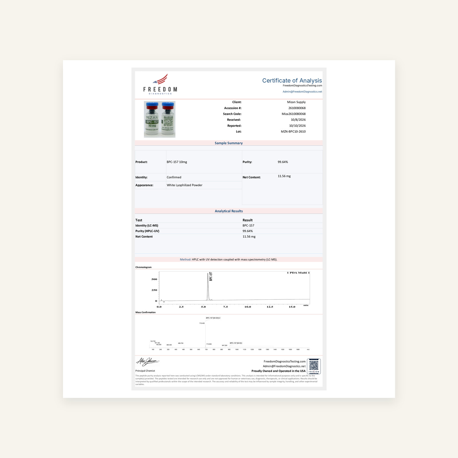 Certificate from the previous lot for BPC-157 10 mg. Opens the full document.