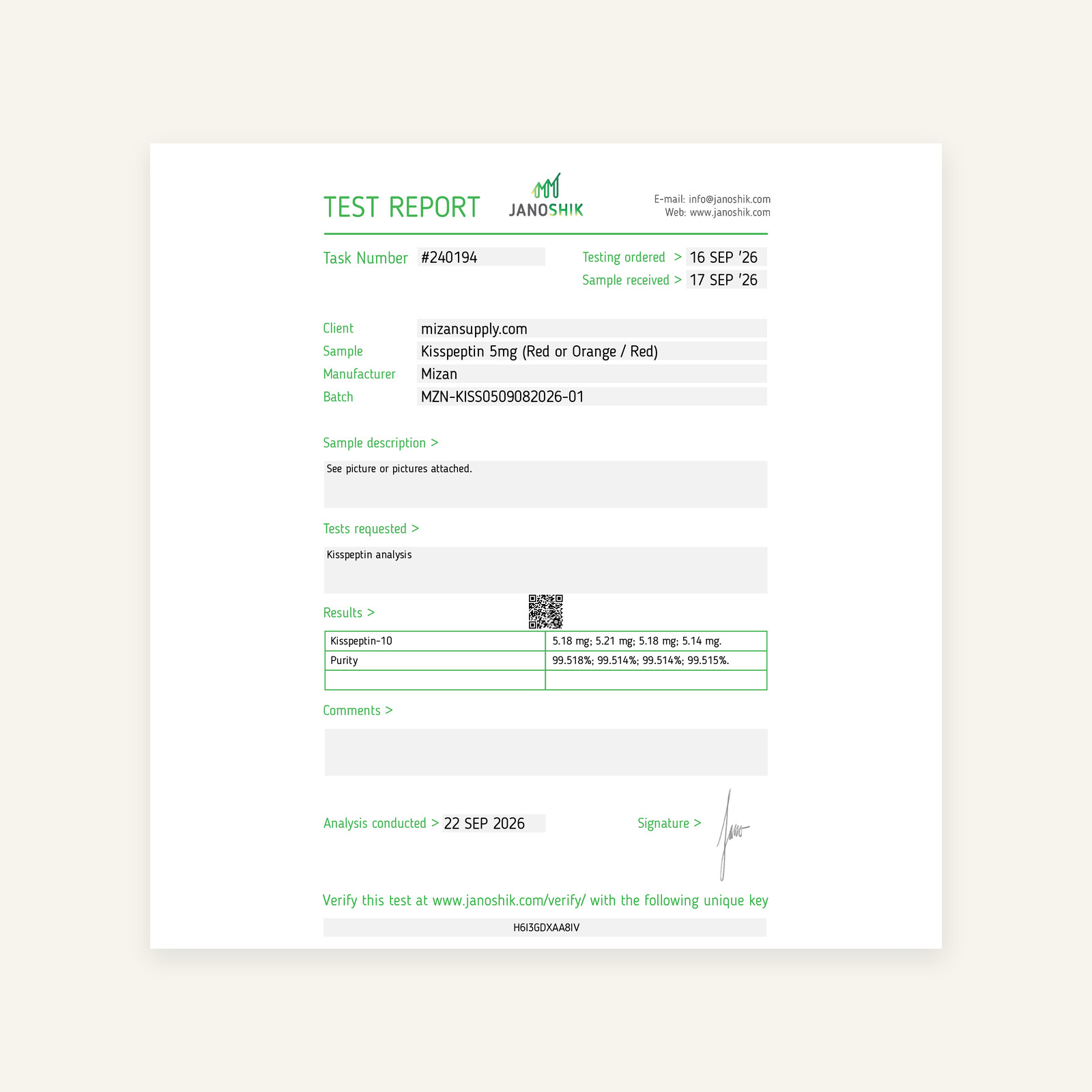 Certificate of analysis for this lot, page 1. Opens the full document.
